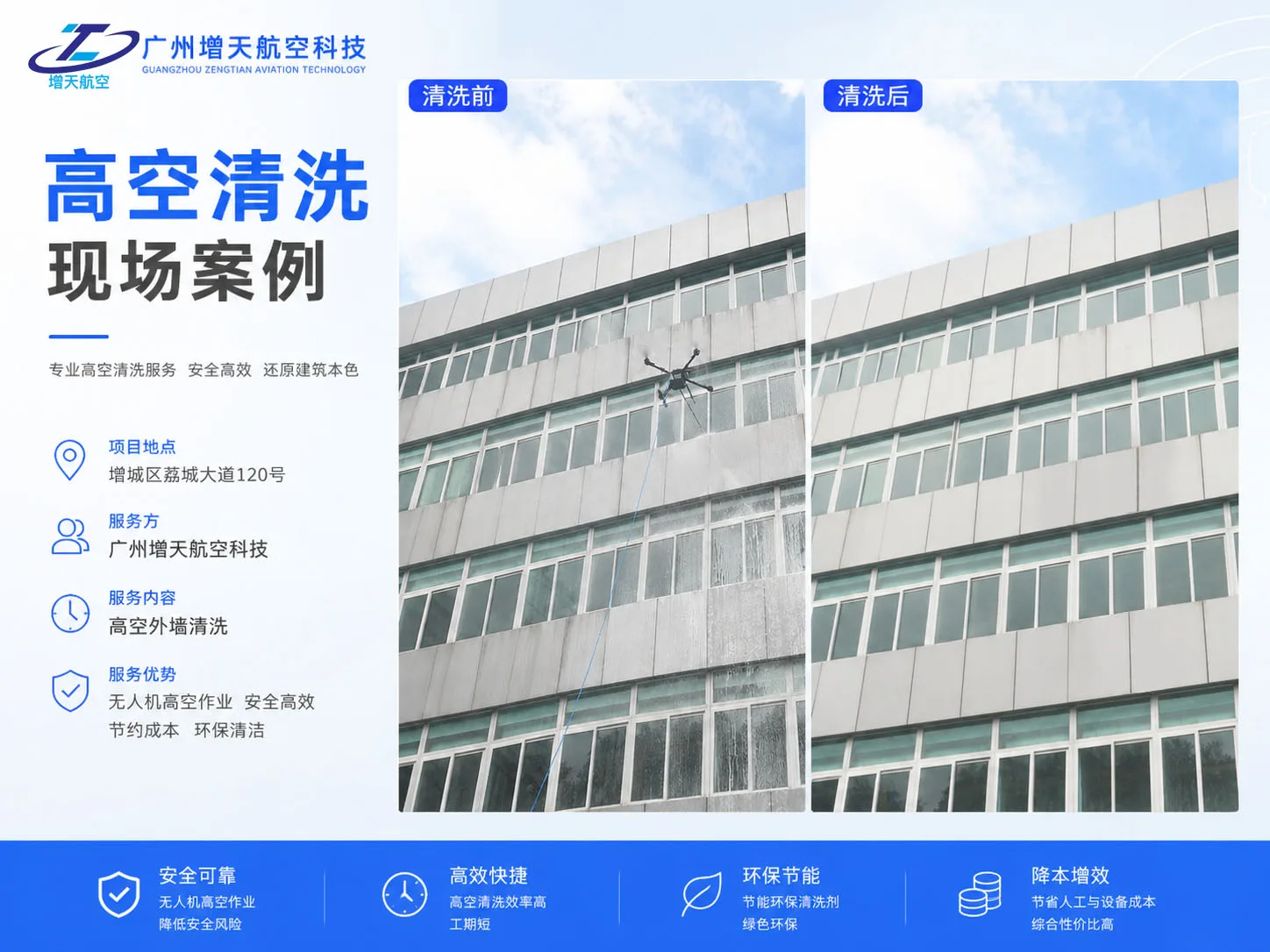 广州增天航空无人机高空清洗项目现场